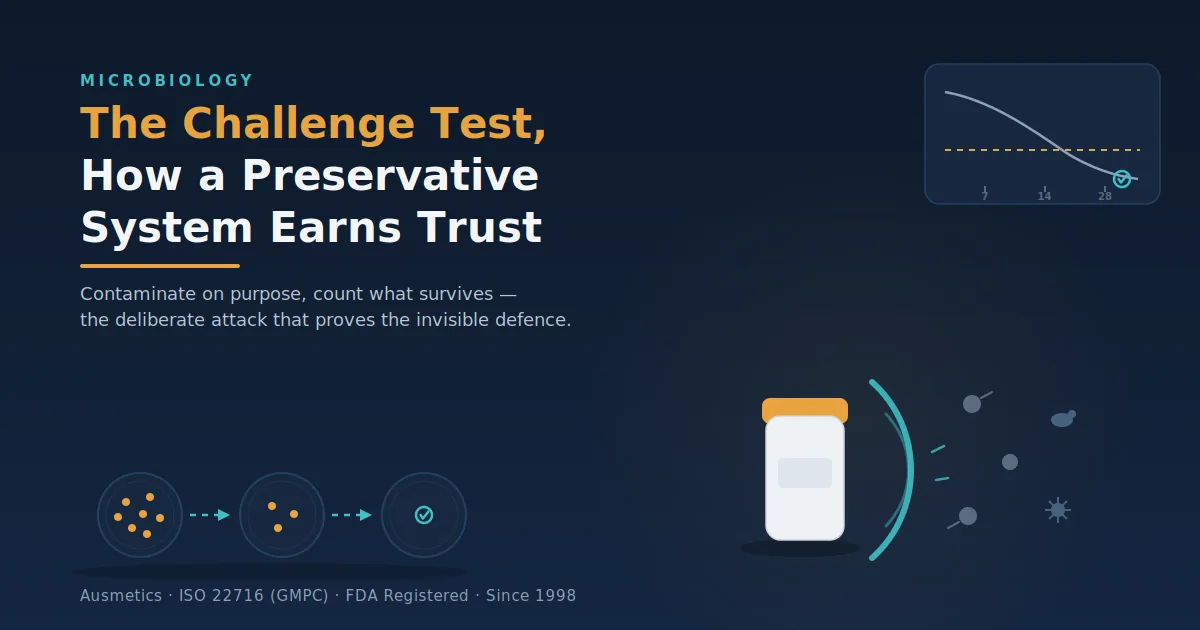 Cosmetic challenge test — a preservative system tested against deliberate microbial inoculation to prove in-use safety